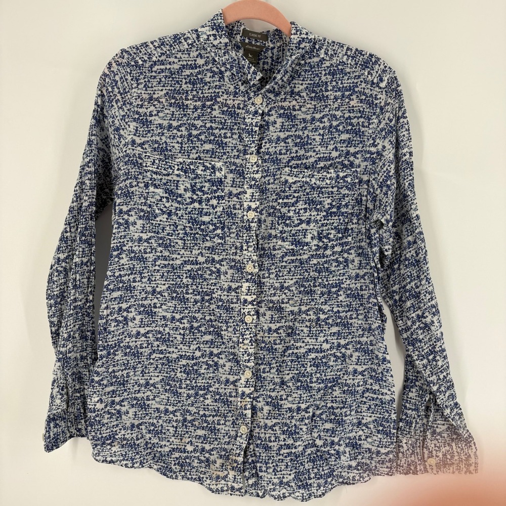Eddie Bauer Womens Blue White Print Cotton Long‎ Sleeve Classic Fit Shirt L